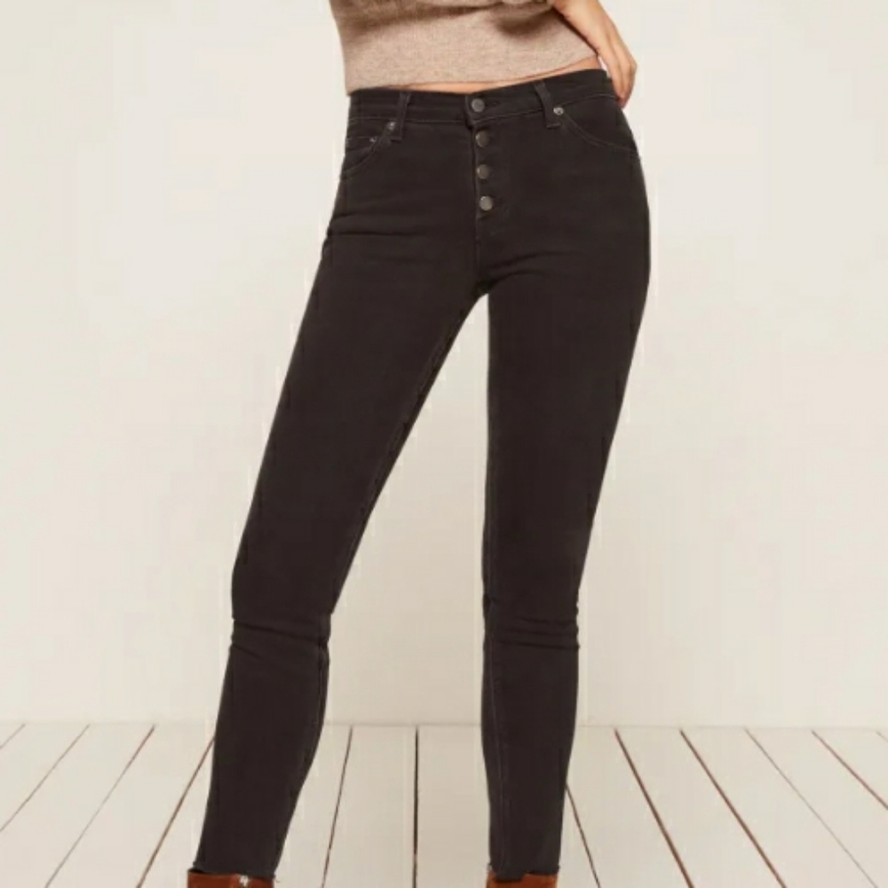 Reformation Gainsbourg Black Button Fly Raw Hem High Rise Skinny Jeans SZ 23